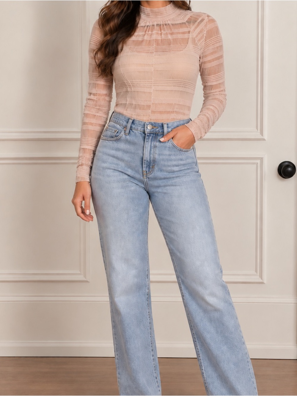 BCBG Max Azria Pink Nude Semisheer Stretchy longsleeve bodysuit Women's